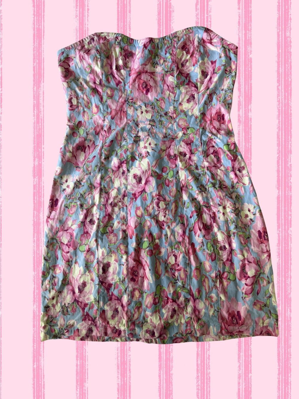 Strapless Fitted Dress in Pink and Blue floral